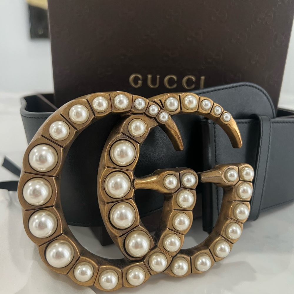 Gucci Black Jumbo Belt with Pearl-Embellished Gold Buckle.